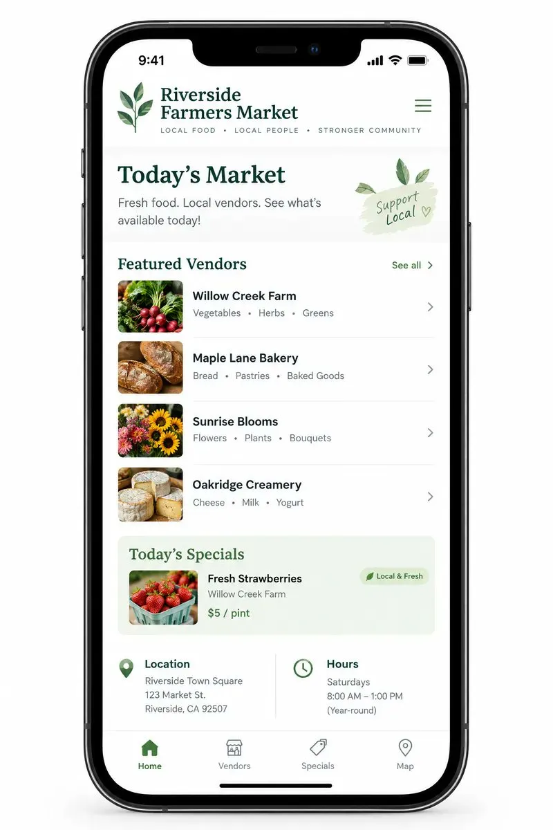 农夫市集 App 的 iPhone 真机带壳界面原型