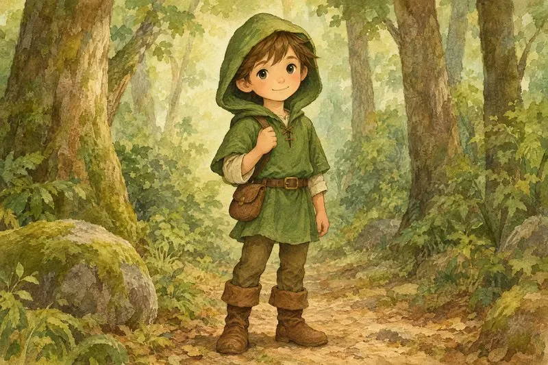 绘本角色卡:绿斗篷森林少年的水彩立绘