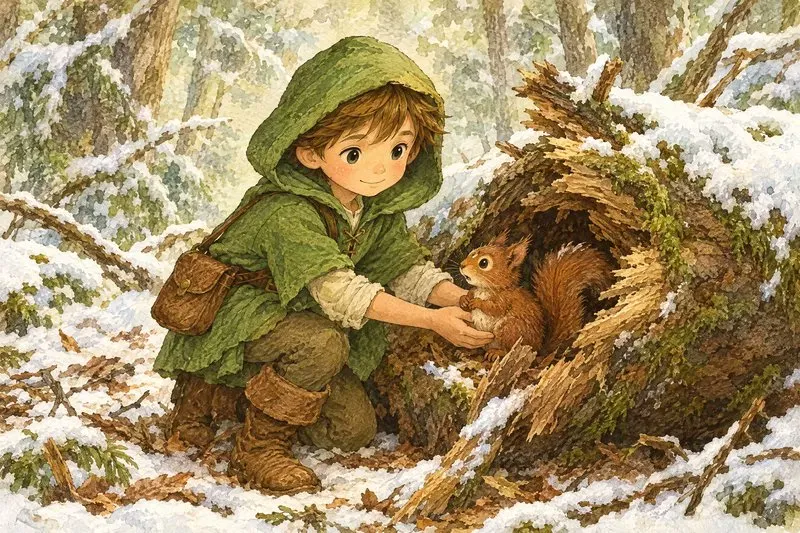 同一角色在雪后森林中救助松鼠